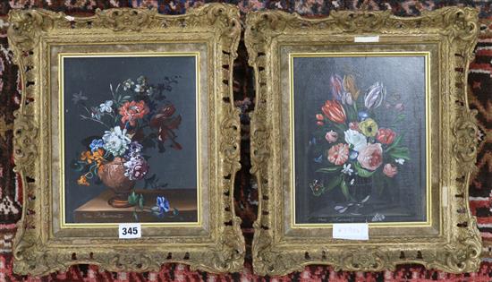 Van Bloemut, pair of oils on board, still lifes of flowers